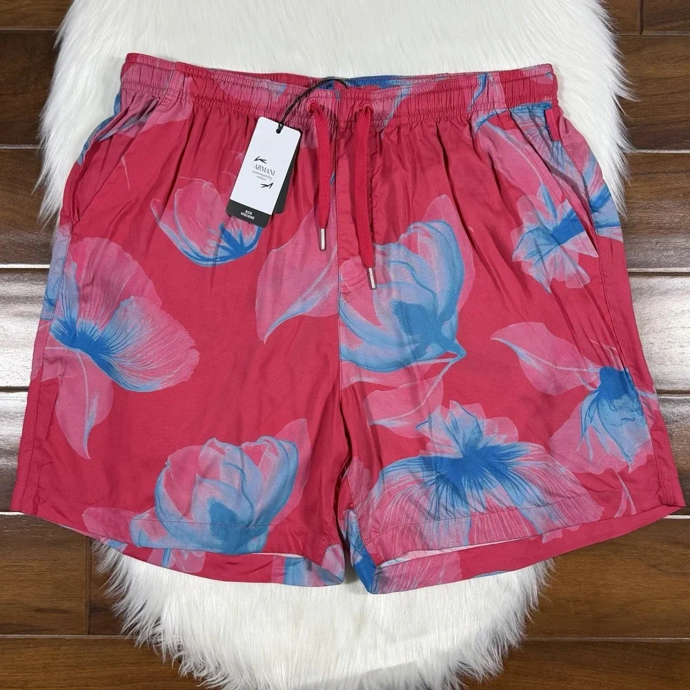 Armani Exchange Men's Size 34 Pink Tropical Floral Viscose Drawstring Shorts